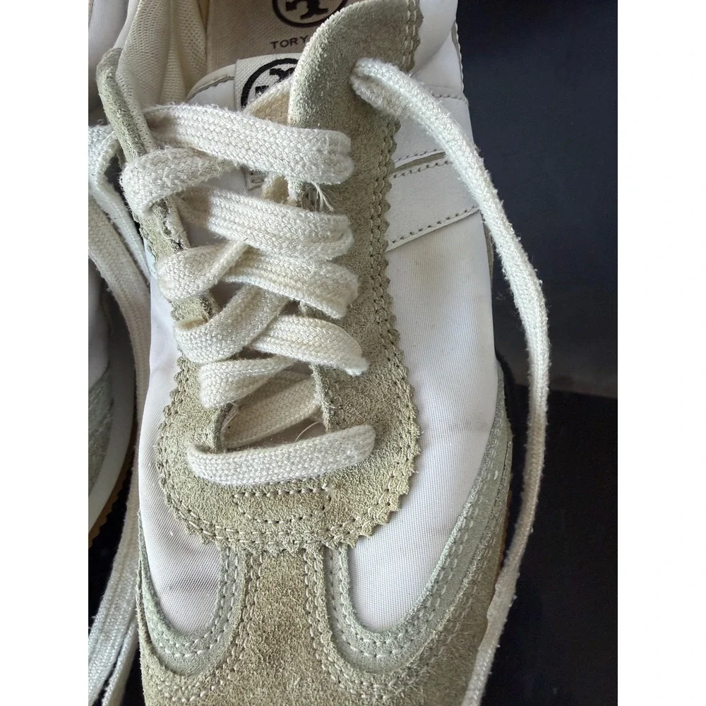 Tory Burch Tory Sneaker White‎ Sage Green Suede Nylon Low Top Trainers Gum Sole